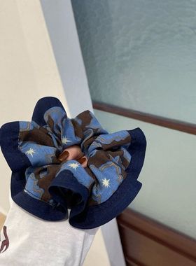 2025新款蓝色复古花朵撞色高级印花面料低马尾发绳显发量大肠发圈