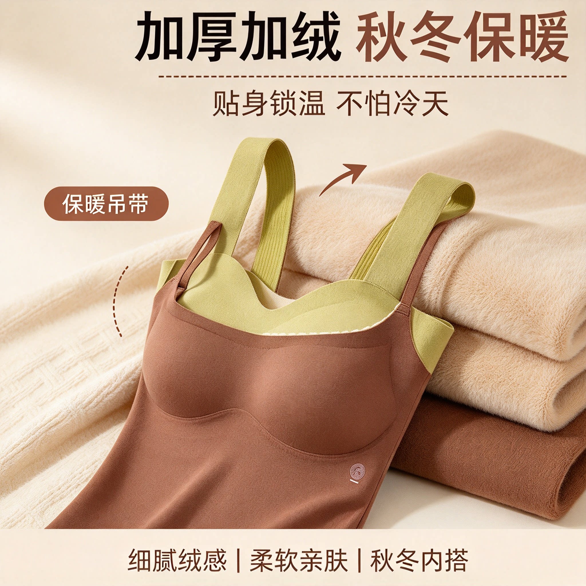 秋冬蓄热保暖吊带女低胸磨毛加绒一体式胸垫背心百搭内搭打底衫