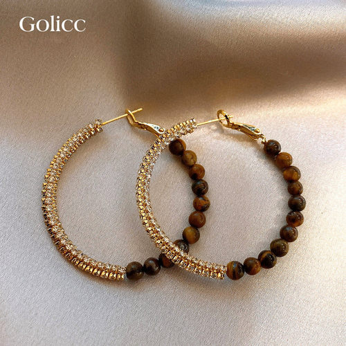 金色拼接虎眼石串珠大圈圈耳环女