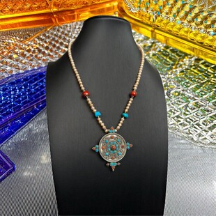 尼泊尔 珍珠山湖绿松 八宝罗盘吊坠做旧民族风毛衣链复古服饰配饰
