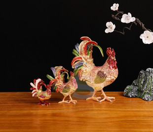 珐琅彩生肖凤尾鸡摆件风水装饰品创意家居首饰盒