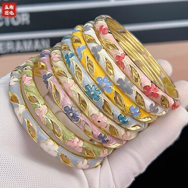 北京景泰蓝手镯合金滴油珐琅彩镯子送女生民族风小花清新时尚首饰