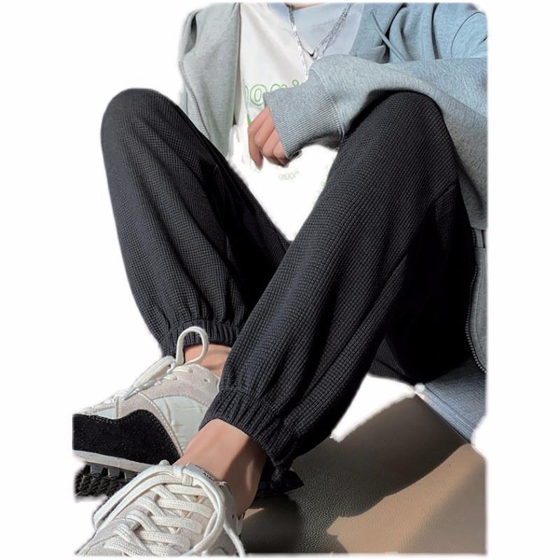 536--1秋冬裤加绒加厚华夫格运动裤女灰色休闲宽松束脚铅笔裤卫裤