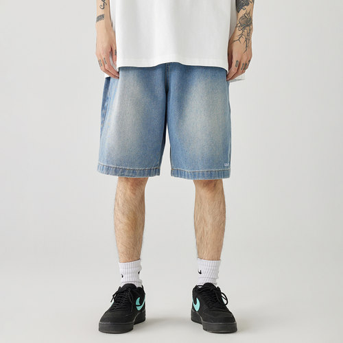 GOLFCROSS美式复古牛仔短裤松紧腰抽绳刺绣设计五分裤宽松休闲