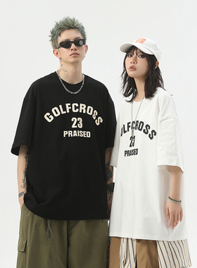 GOLFCROSS纯棉白色短袖T恤男女印花宽松圆领2026夏季新款情侣装
