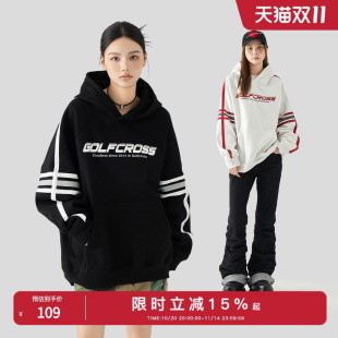 GOLFCROSS侧边条纹插肩袖 外套 字母印花连帽卫衣情侣宽松套头帽衫
