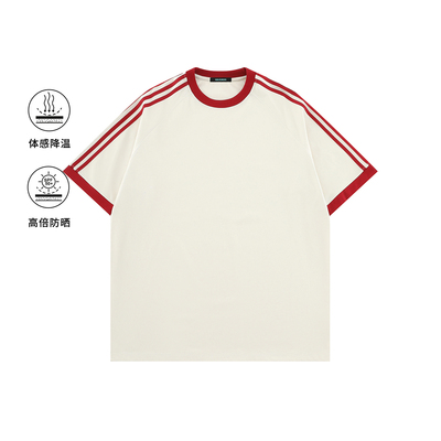 GOLFCROSS侧边条纹夏季UPF50+防晒T恤宽松休闲凉感落肩袖短袖男女