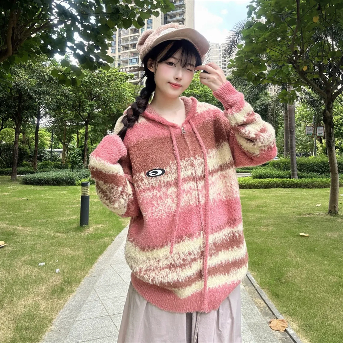 【明星同款】GOLFCROSS条纹连帽毛衣开衫男女款秋冬季针织衫外套