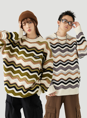MPUX联名拼色波浪条纹字母贴标圆领套头毛衣秋冬内搭撞色多色上衣