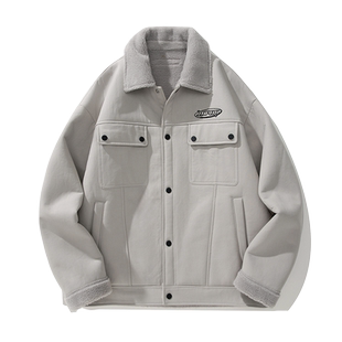 MPUX联名复古字母刺绣logo内里拼接羊羔绒加厚保暖翻领棉衣外套