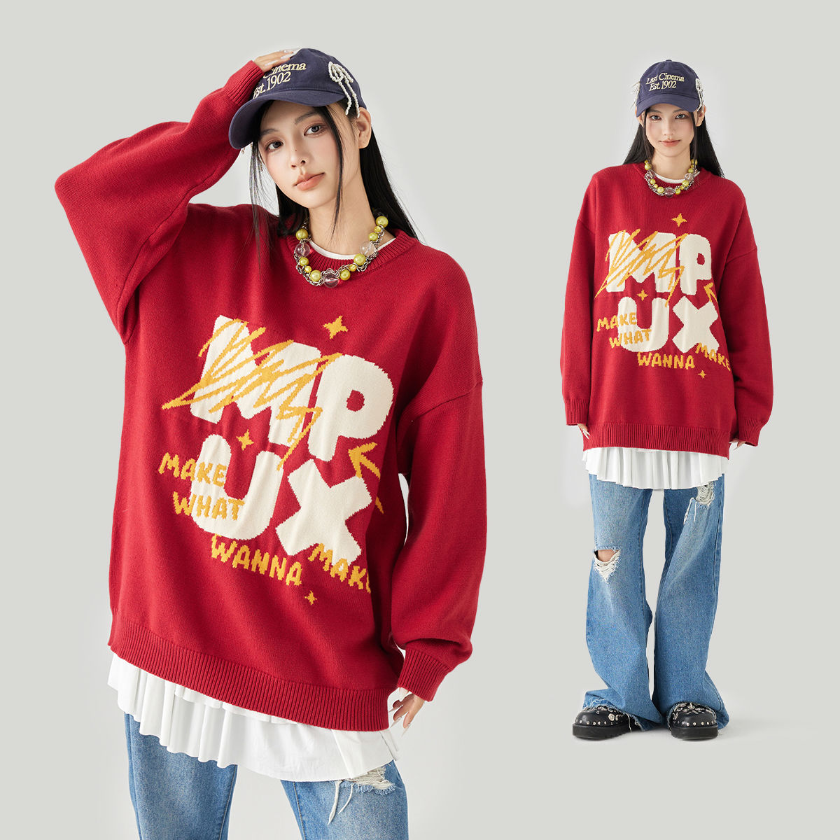 MPUX 冬季字母提花圆领毛衣保暖舒适潮牌套头针织毛线衫男女同款