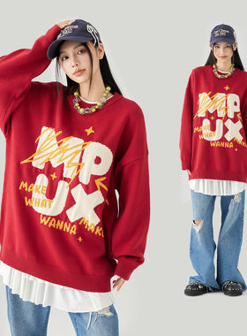 MPUX 冬季字母提花圆领毛衣保暖舒适潮牌套头针织毛线衫男女同款