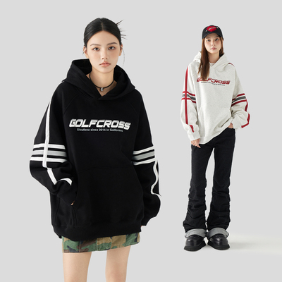【CC家CC】GOLFCROSS条纹连帽卫衣情侣宽松套头帽衫外套
