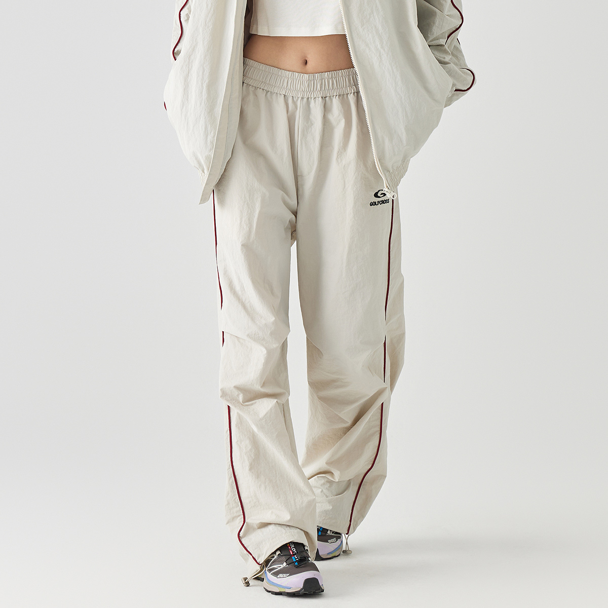 GOLFCROSS侧边条纹刺绣休闲裤宽松松紧腰抽绳系带束脚裤男女同款