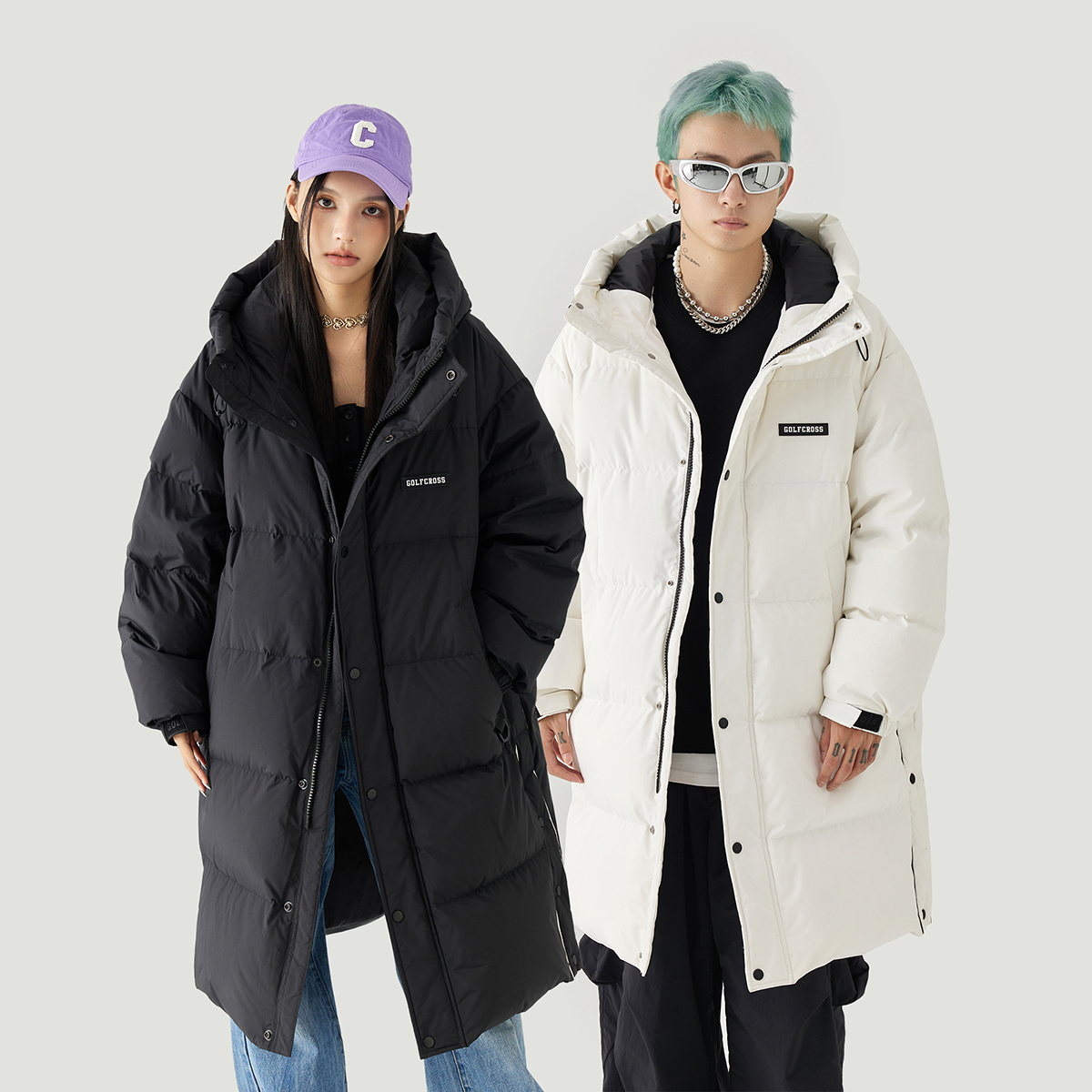 GOLFCROSS90白鸭绒连帽长款羽绒服男女同款加厚防寒保暖宽松外套