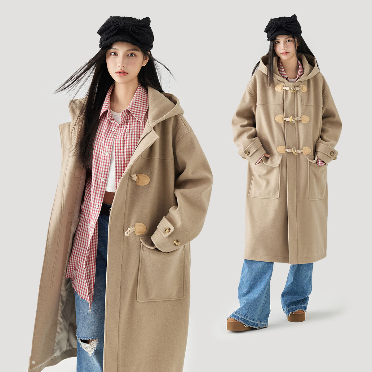 MPUX冬季新款纯色牛角扣毛呢大衣中长款保暖宽松连帽风衣外套男女