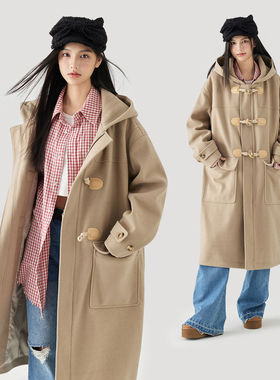 MPUX冬季新款纯色牛角扣毛呢大衣中长款保暖宽松连帽风衣外套男女