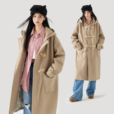 MPUX冬季新款纯色牛角扣毛呢大衣中长款保暖宽松连帽风衣外套男女