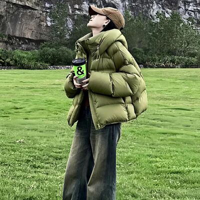 2025冬季韩版新款莱姆绿羽绒棉服女棉衣加厚面包服棉袄连帽外套