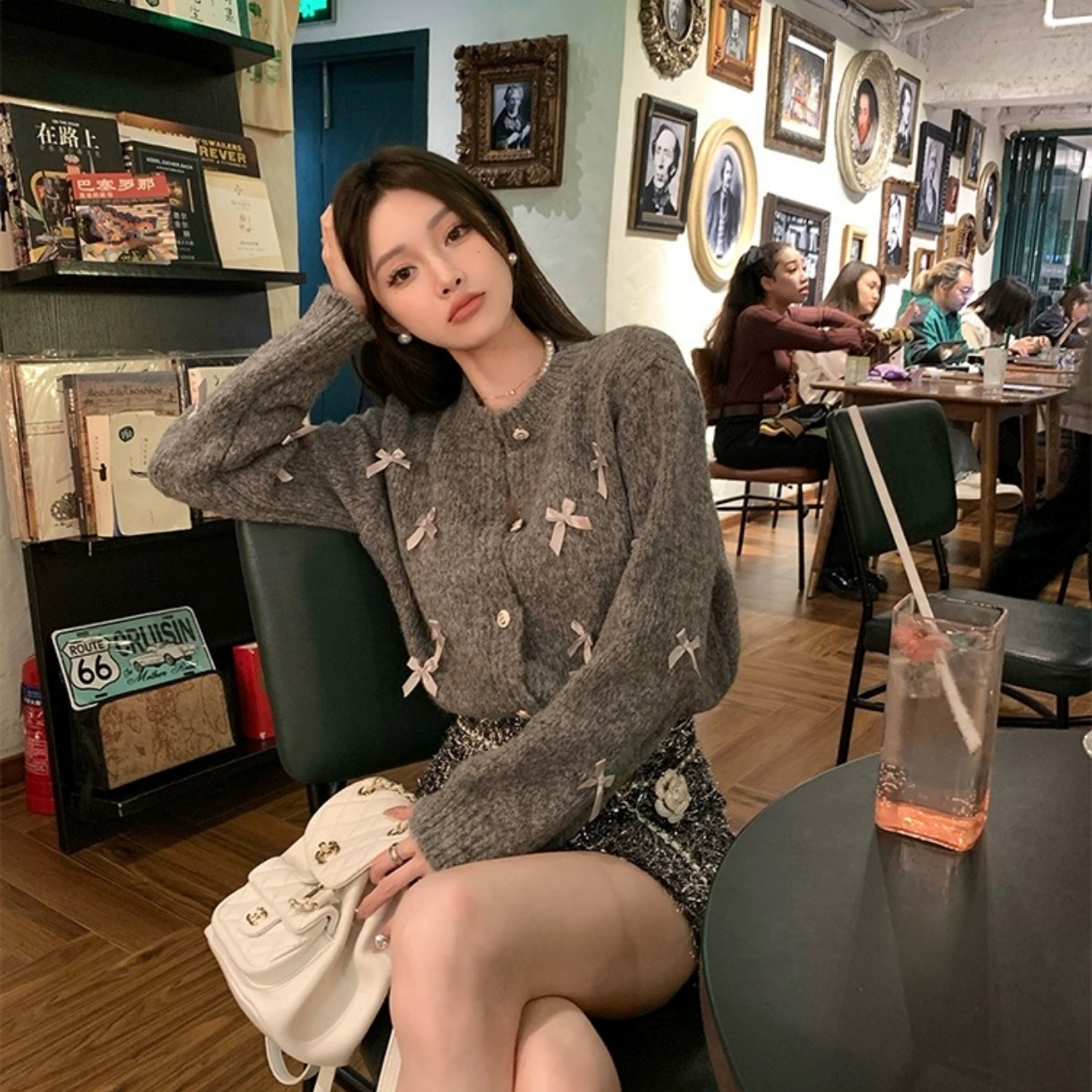 大心kissis慵懒风miu系蝴蝶结毛衣女秋冬小香风灰色针织开衫上衣