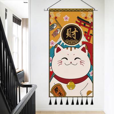 日式挂布招财猫布艺挂画居酒屋排苏挂毯客厅玄关装饰画墙布挂布图片