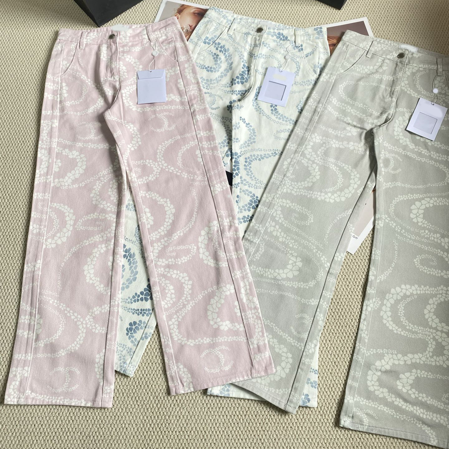25SS新款欧货高端女装高品质微喇叭沙滩系列印花高腰直筒牛仔裤女