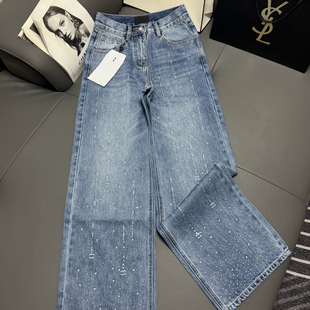 2025SS新款 女 欧货潮牌高品质小香风流星烫钻蝴蝶结高腰直筒牛仔裤