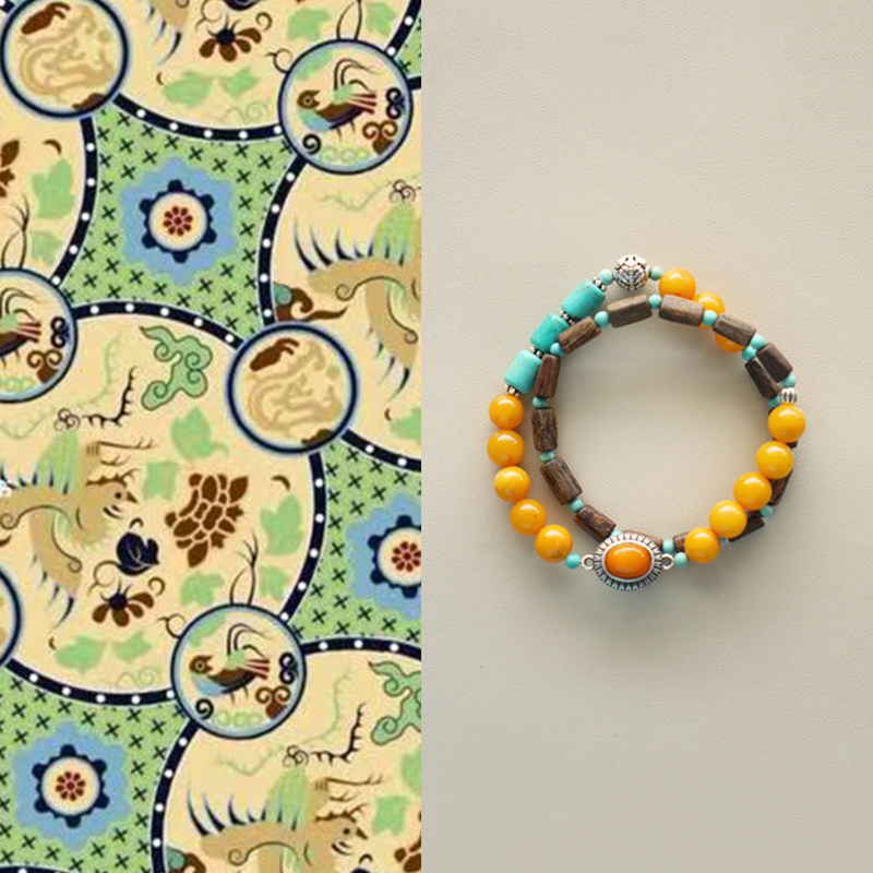 原创《天香云外》印尼沉香蜜蜡原矿绿松石双圈手串/新中式/藏式