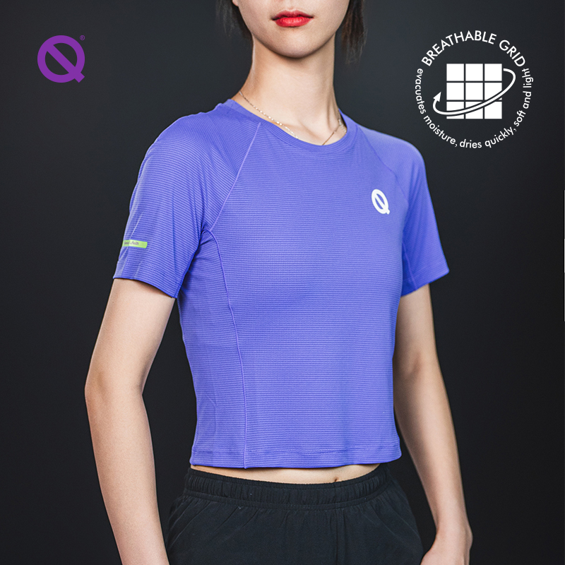 轻功呼吸方格短款短袖运动跑步T恤露脐装速干透气修身女款上衣