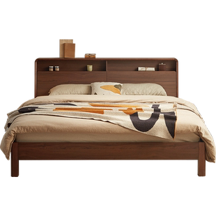 林氏家居北欧1米5实木床加厚卧室胡桃木色床头储物双人床政府补贴
