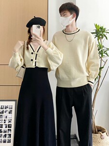 情侣装秋款一裙一衣法式温柔风毛衣短外套连衣裙两件套针织衫上衣