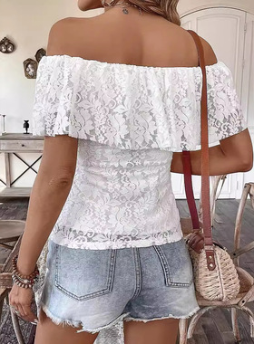 Off-the-shoulder one-shoulder lace top露肩一字领蕾丝短袖上衣