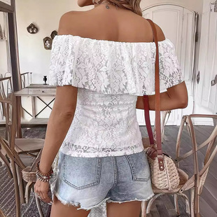Off-the-shoulder one-shoulder lace top露肩一字领蕾丝短袖上衣