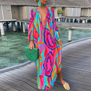 sleeved neck long dress swung 宽松腰度假连衣裙 女士V领长袖