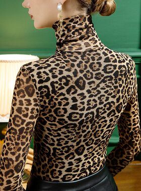 Leopard print high-neck mesh tulle base shirt 豹纹网纱打底衫