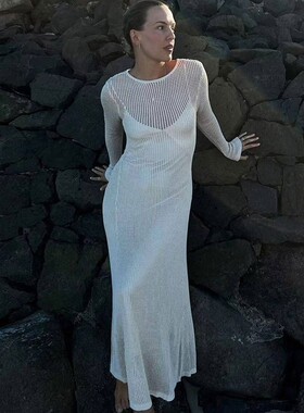 纯色长袖针织镂空罩衫连衣长裙 Solid knitted cutout maxi dress