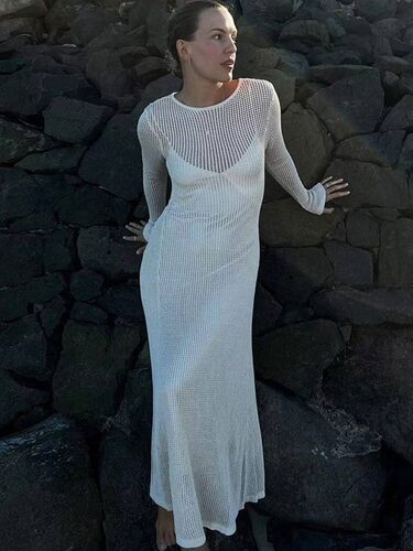 纯色长袖针织镂空罩衫连衣长裙