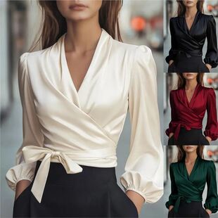 Waist Neck Tie Top Satin V领缎面绑带收腰女上衣女Elegant
