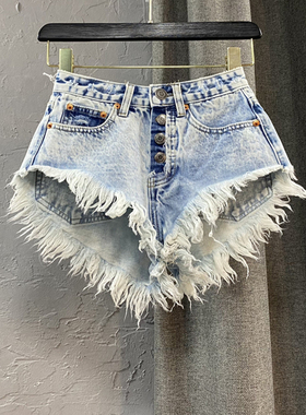 高腰流苏毛边牛仔短裤High-waisted fringed frayed denim shorts