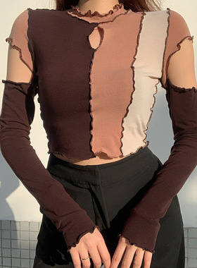 Women's patchwork ruffle sleeve slim top 女士拼接荷叶袖上衣