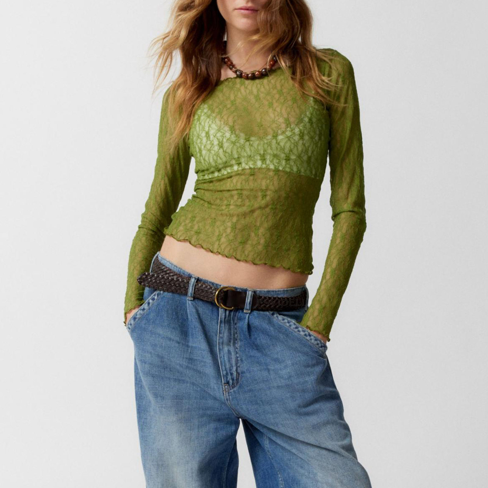 Lace patchwork long-sleeved T-shirt top蕾丝拼接长袖T恤上衣女