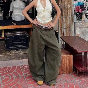 欧美拼接宽松弯刀阔腿牛仔裤Street style washed denim pants