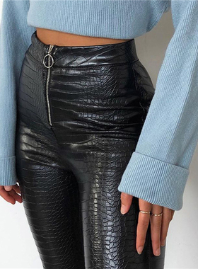 女士百搭PU皮蛇纹紧身长裤PU leather snakeprint tight trousers