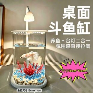 网红斗鱼小鱼缸冰晶石桌面创意生态斗鱼缸玉石碎钻景观缸装饰造景