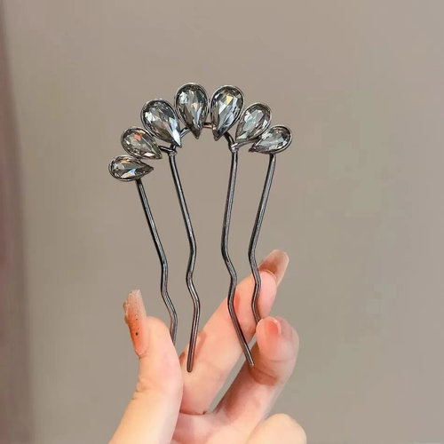 水钻u型发簪高级感枪黑色插梳发