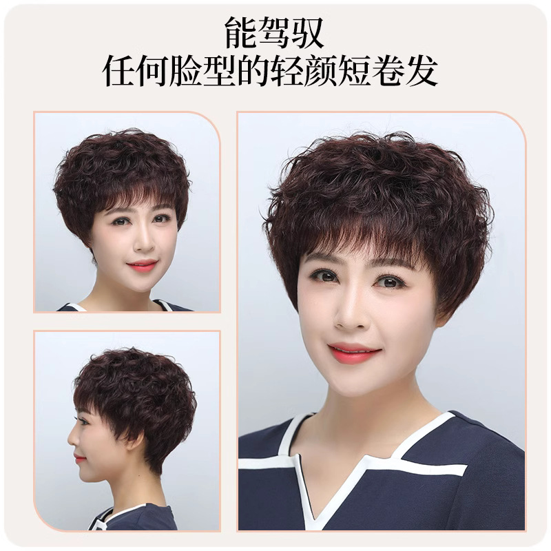 假发女妈妈款全真发短卷发时尚减龄蓬松头顶满头卷整顶假发套批发