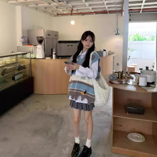 两件套/单件复古条纹卡通针织马甲女春秋外穿宽松慵懒风套头毛衣