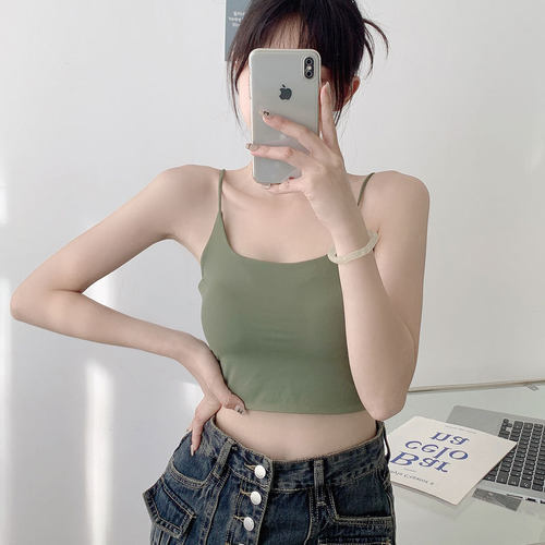 夏季纯色冰丝吊带背心一体式固定杯内搭外穿U领细带美背裹胸抹胸