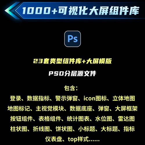 1000+可视化大屏组件库设计素材23类模版PSD分层源文件可编辑修改