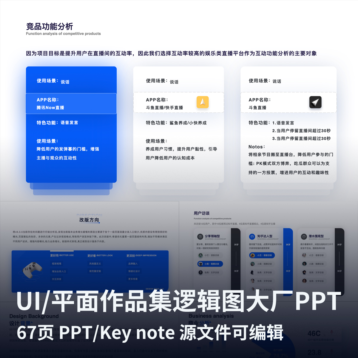 67页UI产品交互作品集模版PPT源文件逻辑架构图大厂汇报演示面试
